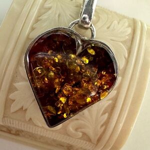 Vintage/Antique Handmade Baltic Amber Large Pendant Sterling Silver Heart Cut